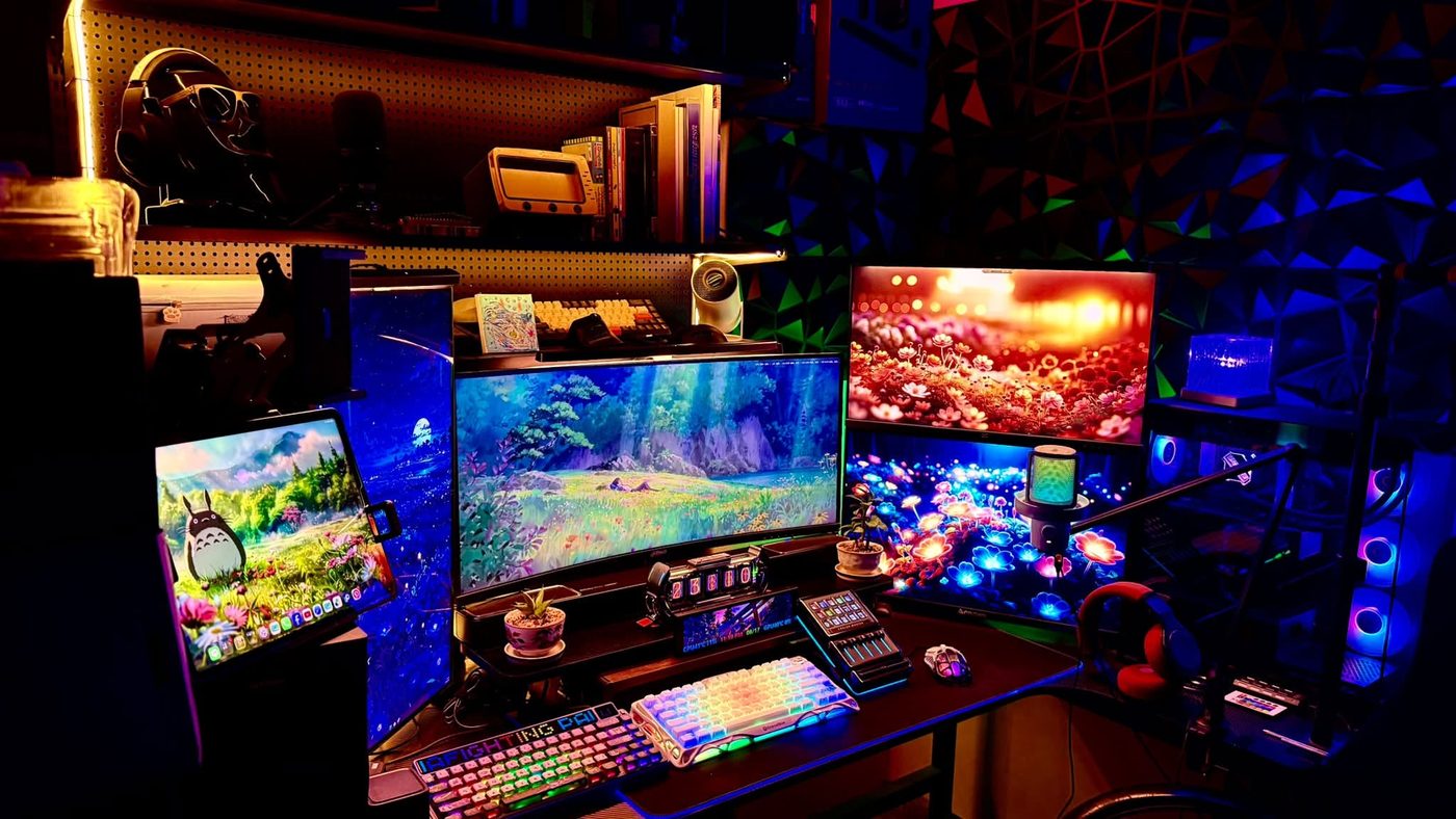 Smud's desk at night: three monitors, a tablet, RGB keyboards and shelves of books